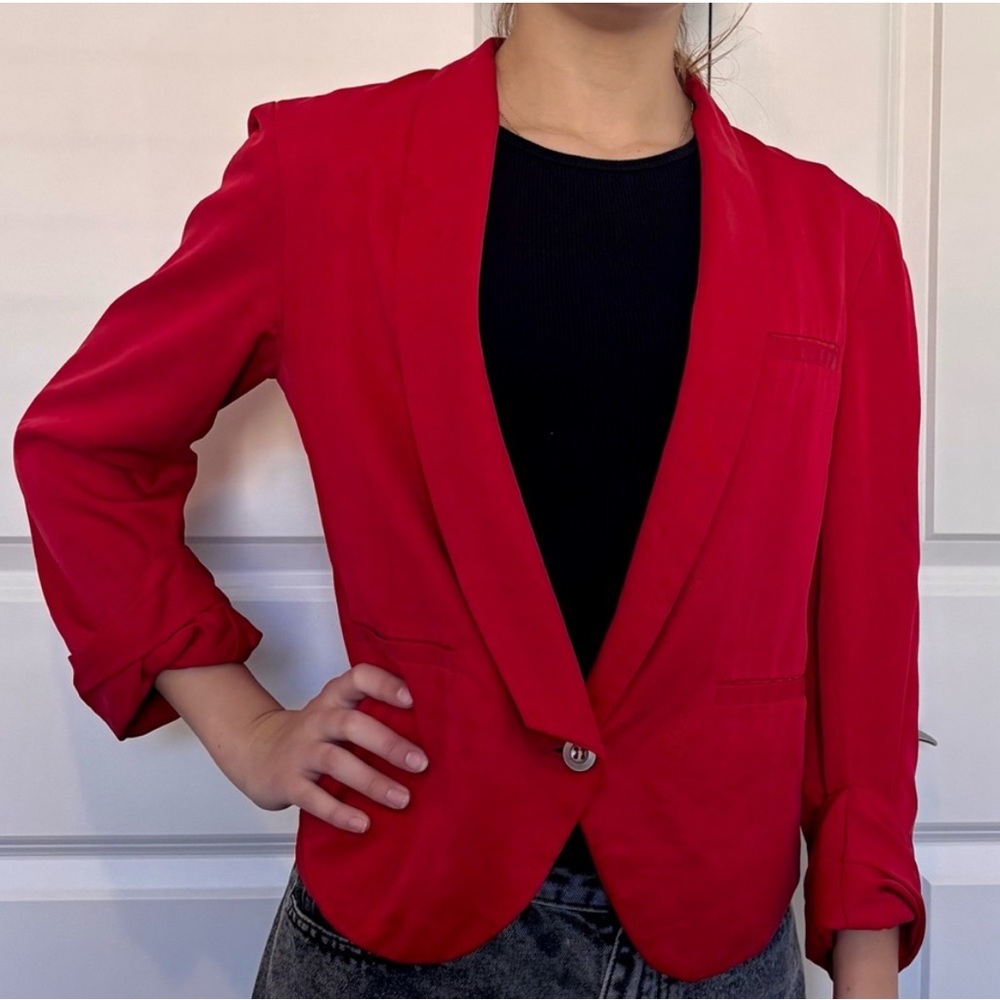 Cartonnier by Anthropologie 3/4 Sleeve Red Blazer with Patterned Lining